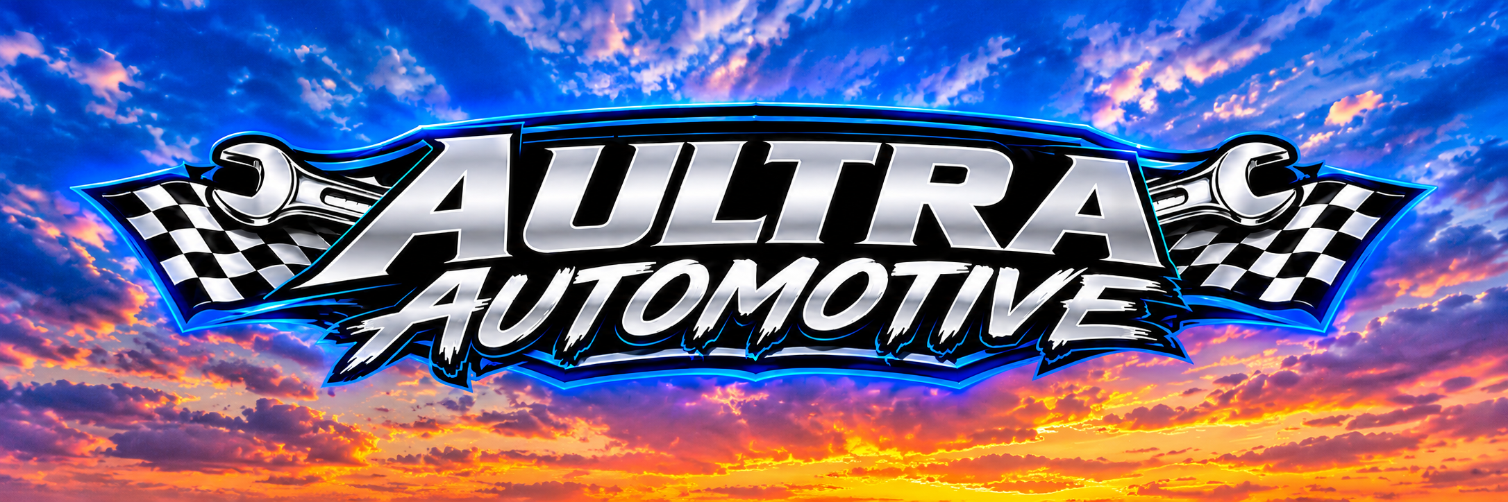 Aultra Automotive logo against a blue sunset sky