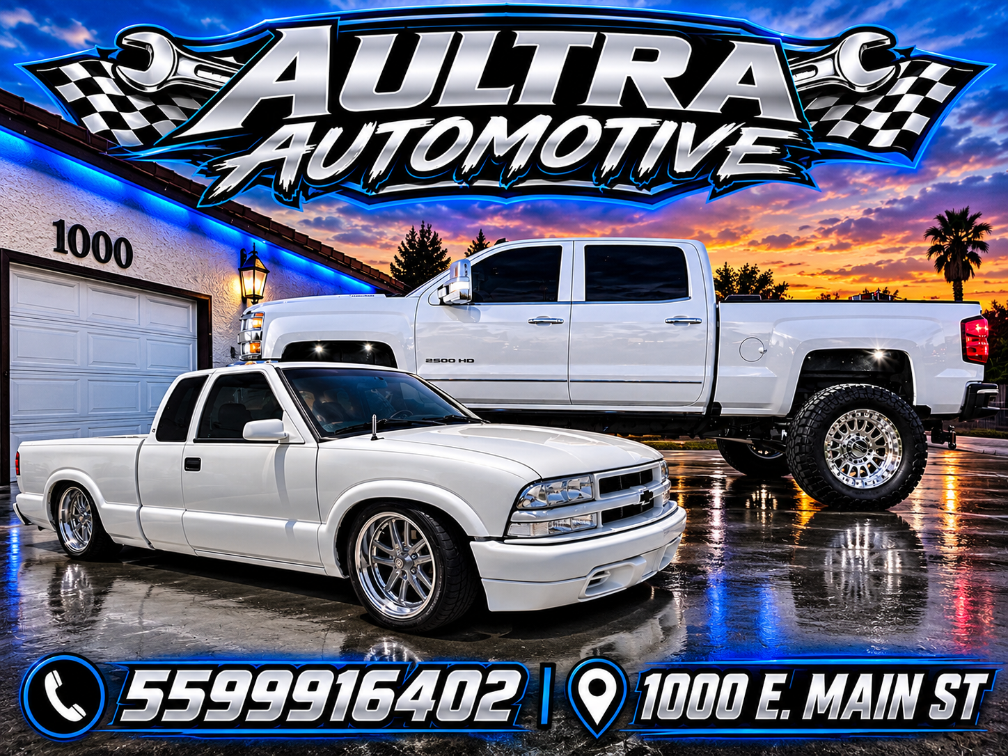 Aultra Automotive logo with two white Chevrolet trucks, phone 559-991-6402 and 1000 E Main St address